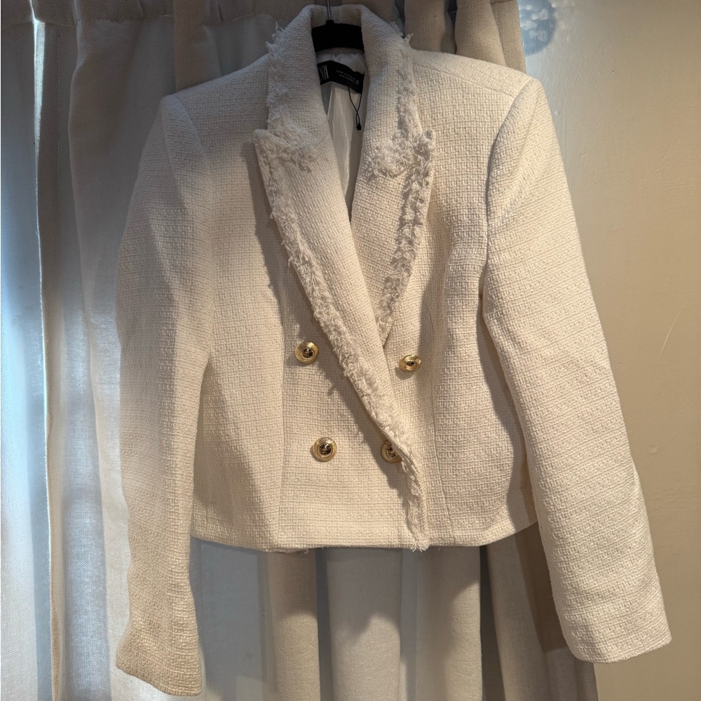 ZARA CROPPED TEXTURED BLAZER WHITE SIZE M - Picture 2 of 5
